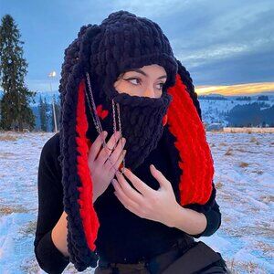 Women's Black Red Bunny Hat Knit Plush Long Ears Fluffy Cosplay Party Hat
